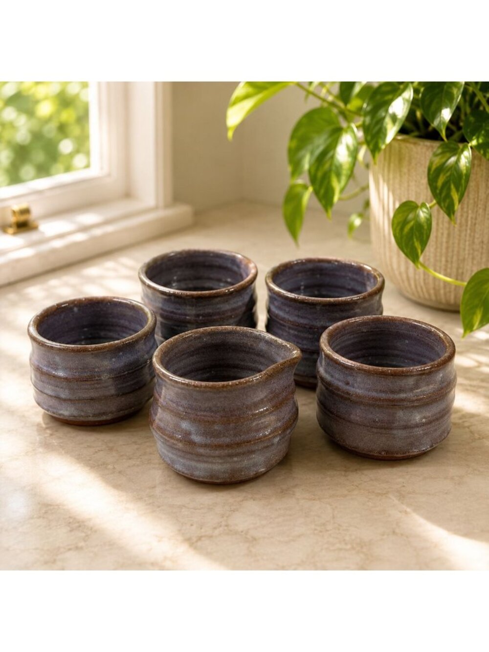 Handcrafted Ceramic Tumblers & Creamer Set Rustic Glazed Pottery 5-Piece Brown &